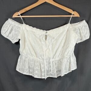 All In Favor Lace Eyelet Detail Off Shoulder Milkmaid Crop Top Womens L White
